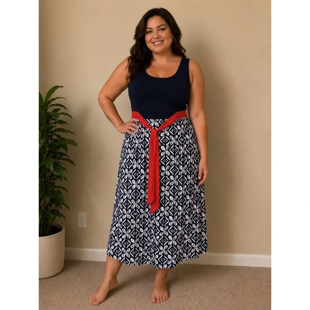 Navy Blue‎ Geometric Maxi Dress Orange Waist Tie Womens 16W Nautical Vacation